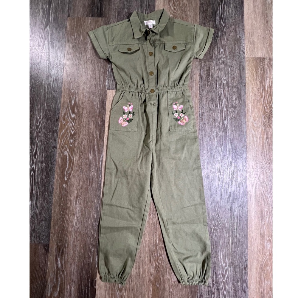 Nannette Jumpsuit Kids 6 Olive Green Butterfly Floral Embroidered Utility